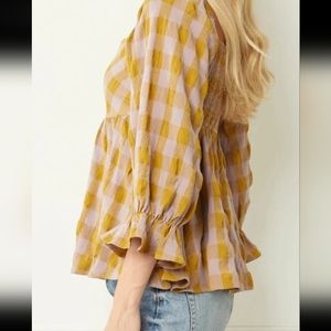 Entro Top Women's Plaid Puff Sleeve Square Neck Flowy Boho Size Small NWT